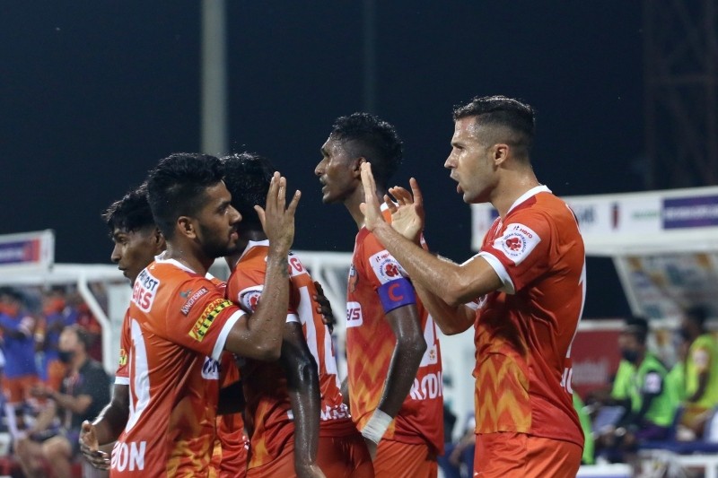 FC Goa players celebrate after scoring the opener at the stroke of half time during match 25 of Hero ISL7 at the Bambolim Stadium on Saturday. (Photo: IANS)